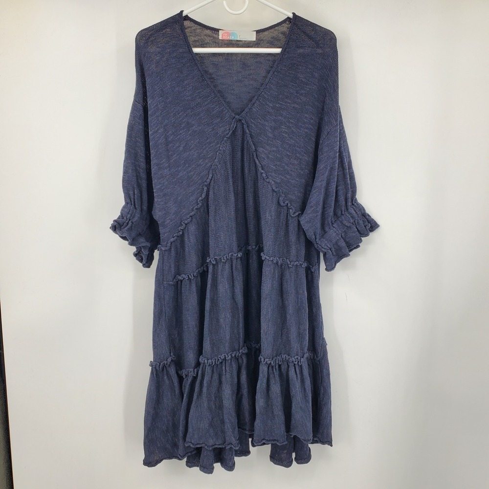 Free People Beach Navy Blue Tiered Ruffle Knit Mini Dress V-Neck Cotton Linen‎ S